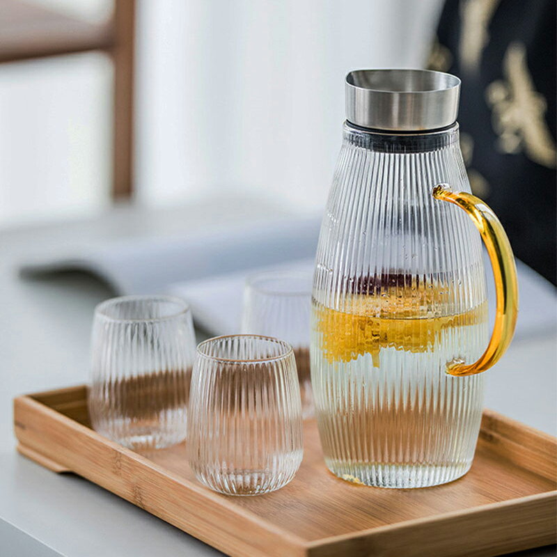 豎紋冷水壺玻璃涼水壺套裝耐高溫防爆玻璃壺家用大容量茶壺水壺