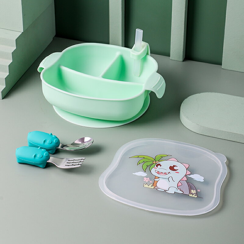 吸盤碗 寶寶餐盤兒童童餐具硅膠吸盤一體式分格卡通學吃飯訓練勺子輔食碗『CM41719』