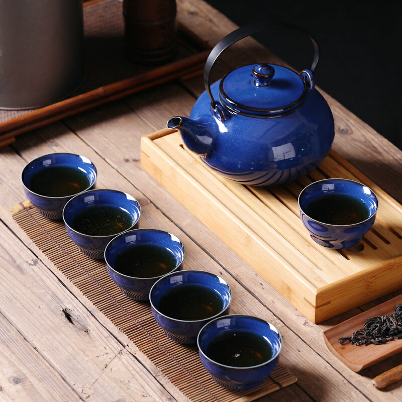 霽藍顏色釉 景德鎮功夫茶具套裝整套家用提梁壺泡茶壺茶杯大容量
