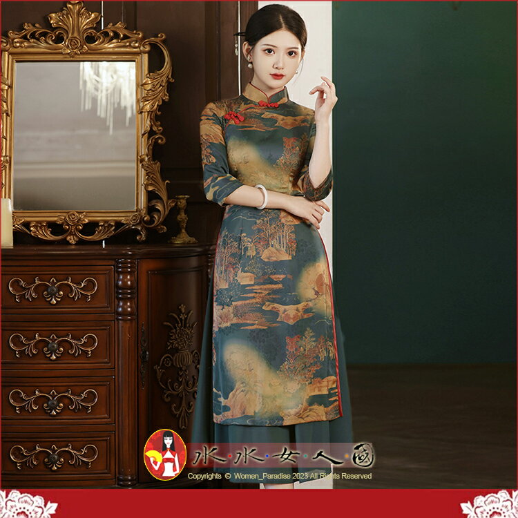 M-4XL加大 印花七分袖奧黛旗袍 復古中國風 經典改良式 時尚修身超顯瘦A擺日常中長連身裙洋裝～古韻傾城。景色怡人(綠)。水水女人國