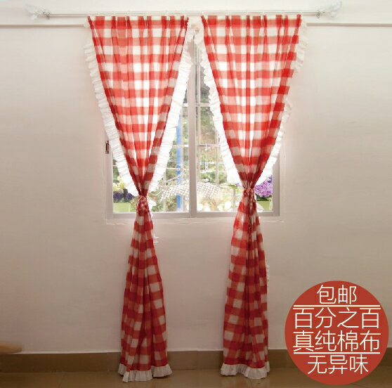 韓式紅白格子兒童房公主少女美式客廳臥室棉布透光不透明窗簾成品