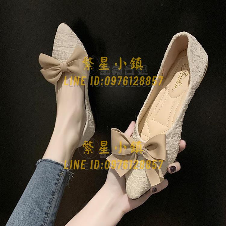 尖頭蝴蝶結單鞋春季百搭韓版女鞋平底軟底豆豆鞋瓢鞋【繁星小鎮】