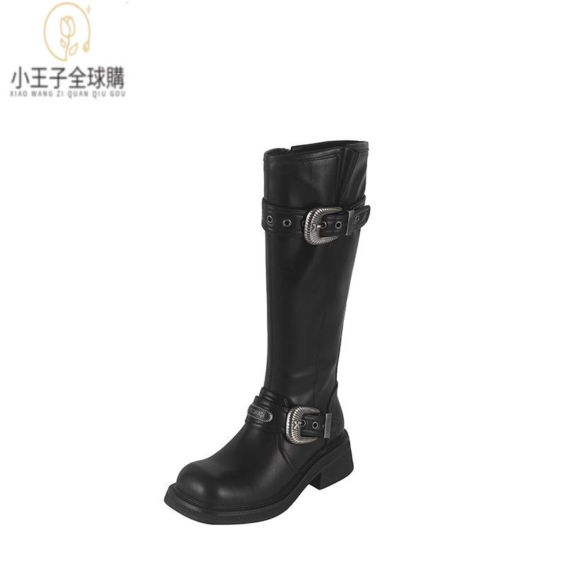 【公司現貨速發】免運 開發票 小短靴 堆堆靴 真皮女鞋 羊皮鞋 小皮鞋 樂福鞋大小筒美拉德靴子女新款高筒長靴棕色皮帶扣側拉鏈厚底騎士靴 定製