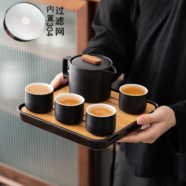 禪風黑陶功夫茶具日式簡約側把茶壺干泡茶盤便攜包家用輕奢小套裝