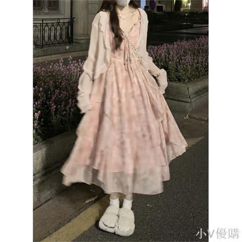 粉色碎花溫柔風吊帶裙開衫兩件套小個子仙女連衣裙女春裝裙子套裝
