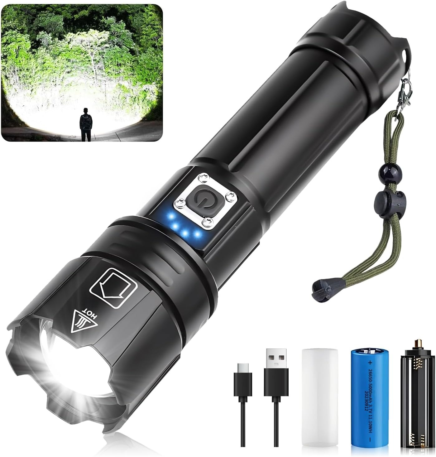 【日本代購】P90 Pro 9mm KENSUN 手電筒Led 6700流明 USB充電式電動輸出變焦式超高亮度5模式調光 IPX-67防水強力軍用