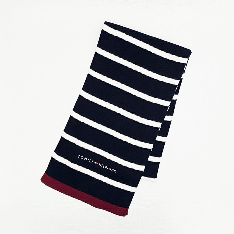 美國百分百【全新真品】Tommy Hilfiger 圍巾 純棉 針織 TH 保暖配件 logo 條紋 深藍 DB67