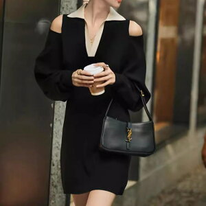 楓林宜居 法式黑白小香風針織連衣裙女裝2023秋季新款polo領收腰顯瘦裙