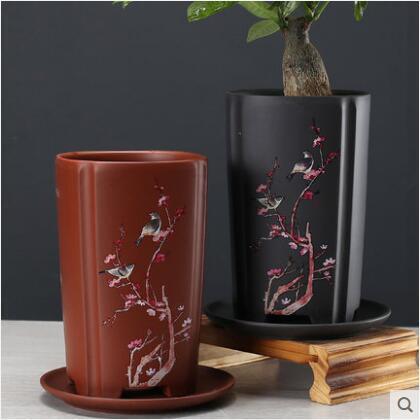 紫砂花盆 現代中式 方形陶瓷花盆 帶托盤盆景 蘭花盆