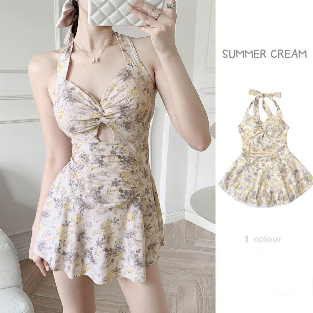 新款泳衣 韓國時尚泡溫泉游泳衣 顯瘦遮肚裙式保守連體 泳裝 泳衣女 溫泉泳衣