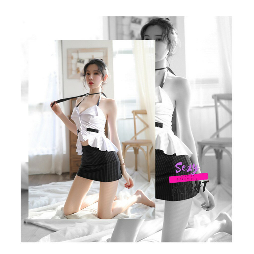 條紋翹臀~掛脖領帶性感秘書教師制服 套裝《H3229》