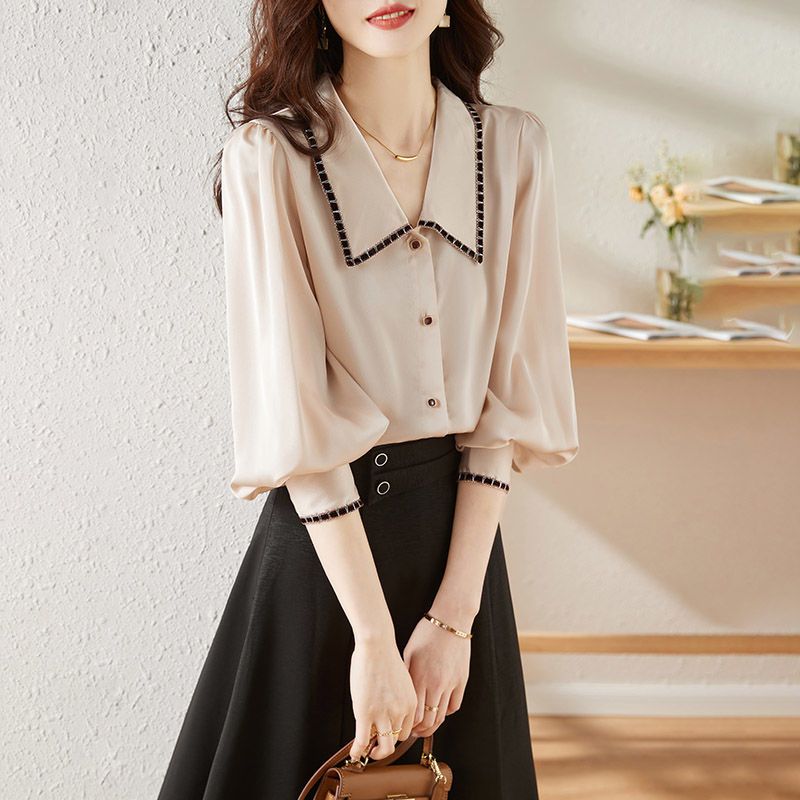 雪紡女士襯衫法式高端襯衣長袖上衣燈籠袖氣質小衫春秋新款【聚寶屋】