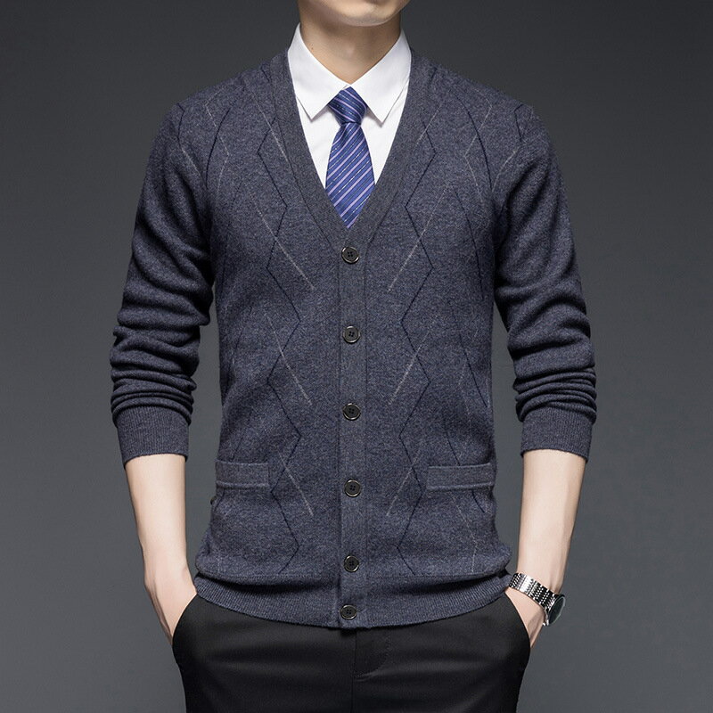 現貨+預購 100%羊毛衣針織外套-菱格印花V領修身防寒保暖男外套4色74dp11【獨家進口】【米蘭精品】