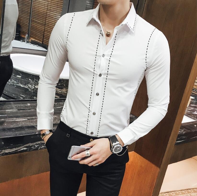 FINDSENSE品牌 男 時尚 潮 薄款 虛線印花 黑色 白色 修身 長袖襯衫
