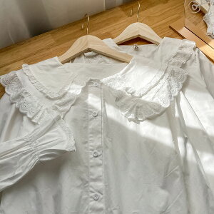 100%純棉長袖白襯衫女新款秋冬法式氣質娃娃領內襯女士上衣