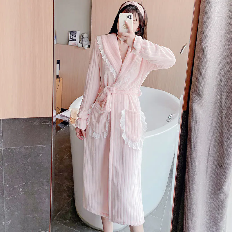 女士睡衣 女珊瑚絨睡衣 秋冬加厚加絨居家睡裙 法蘭絨浴袍 長款腳踝保暖冬季家居服 女生睡衣【不二雜貨】