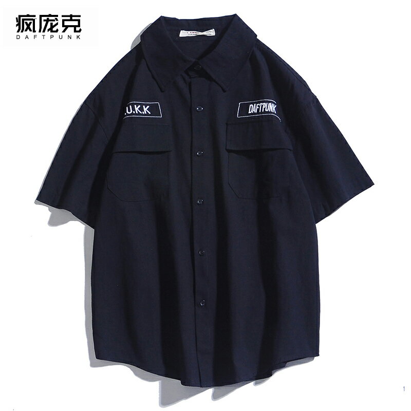 港風日系帥氣黑色短袖襯衫男士韓版潮流學生工裝情侶襯衣外套寸杉