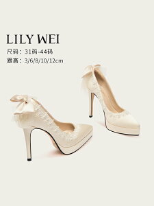 Lily Wei【 西樓別絮】緞面法式婚鞋蝴蝶結高級感蕾絲12cm高跟鞋