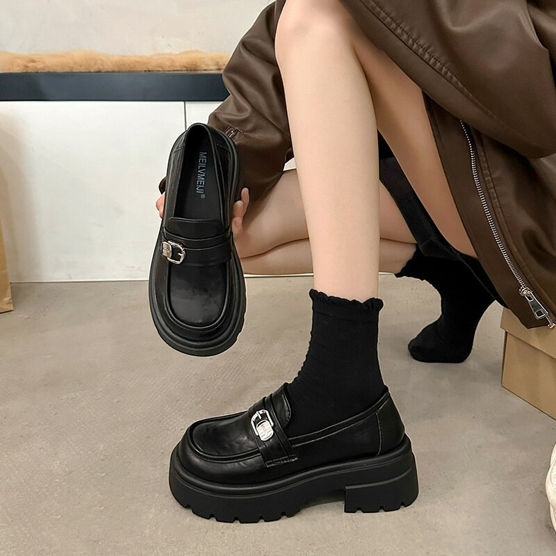 黑色復古英倫風粗跟厚底小皮鞋女2025新款秋季百搭一腳蹬樂福鞋子