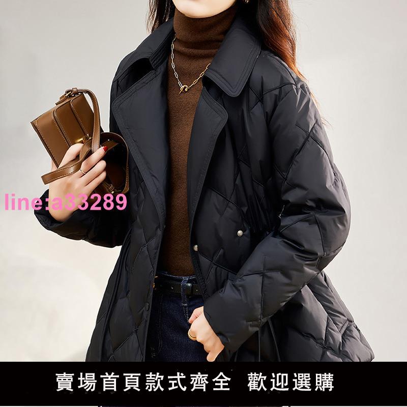 2024冬季新款十字繡西裝領收腰羽絨服女裝修身白鴨絨外套薄款上衣