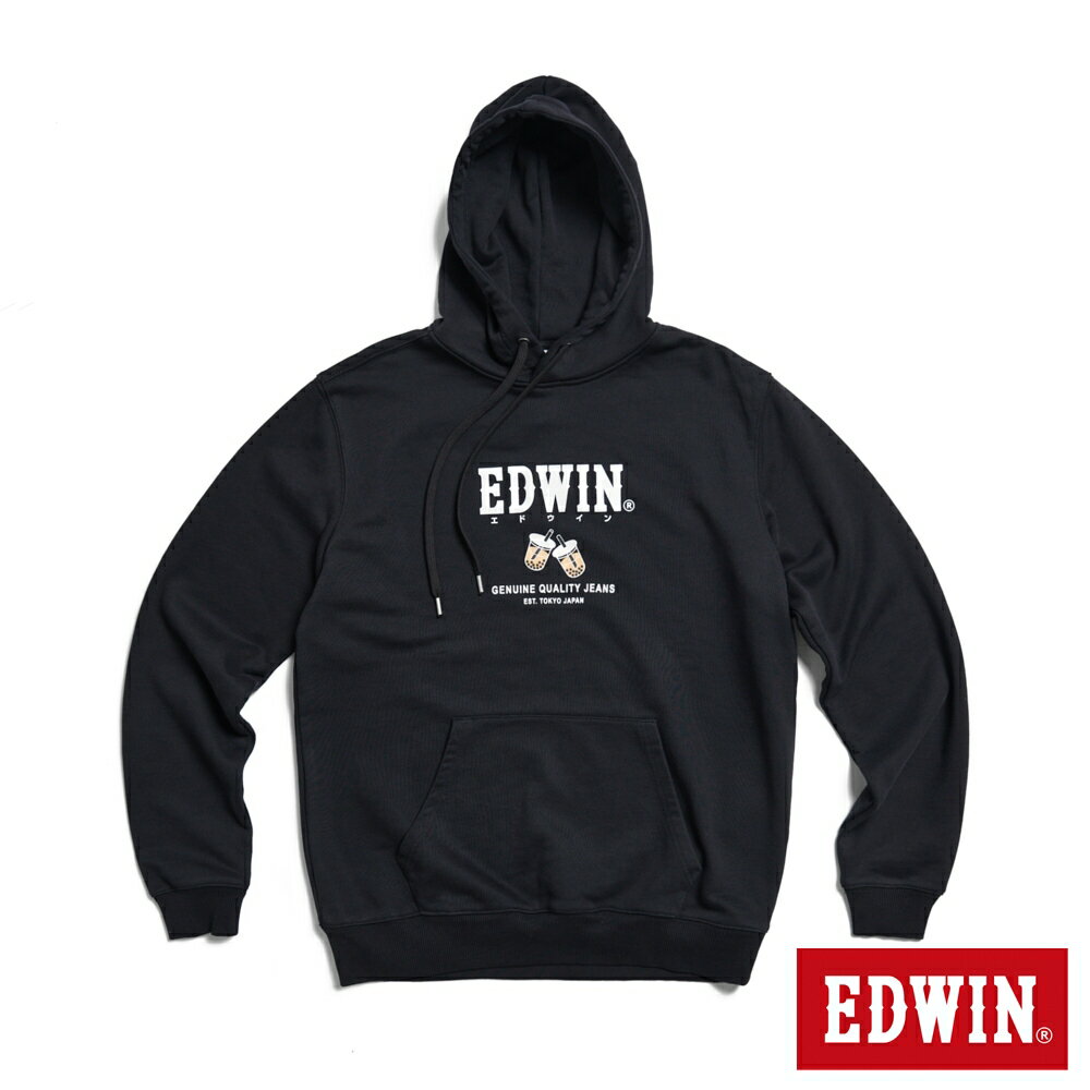 EDWIN 男女款 東京散策系列 珍珠奶茶連帽長袖T恤(黑色)