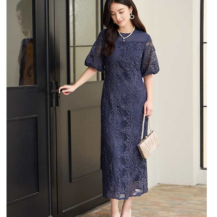 法式優雅蕾絲五分泡泡袖宴會中長洋裝[88698-S]灰姑娘