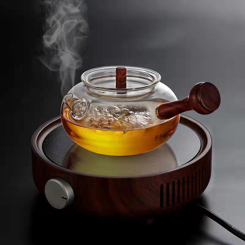 平底玻璃紅茶煮茶壺側把電陶爐用燒水壺過濾器家用木把手泡茶茶具