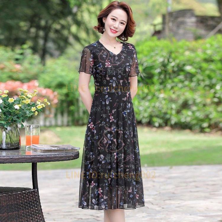 連身裙洋裝 大碼女裝長裙子氣質減齡碎花短袖媽媽【聚寶屋】