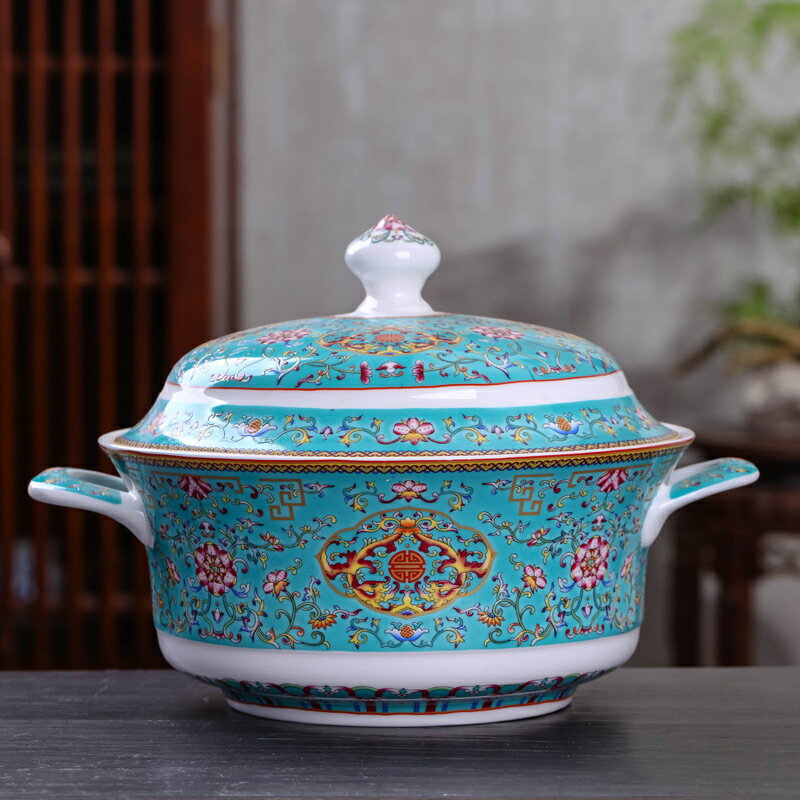 景德鎮陶瓷創意中式宮廷琺瑯彩湯煲家用陶瓷單個大號帶蓋湯碗面碗