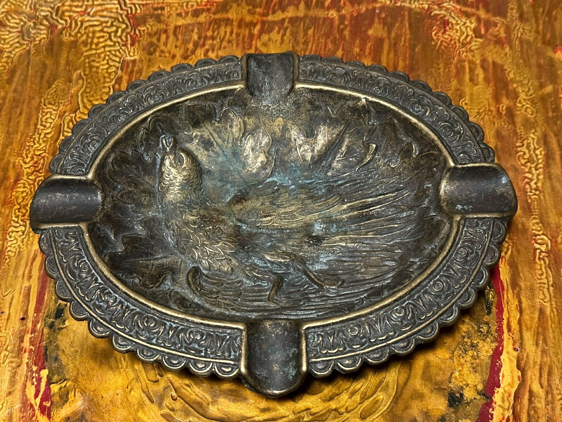 日本中古回流純銅制手工捶打浮雕神鳥煙皿 煙灰缸