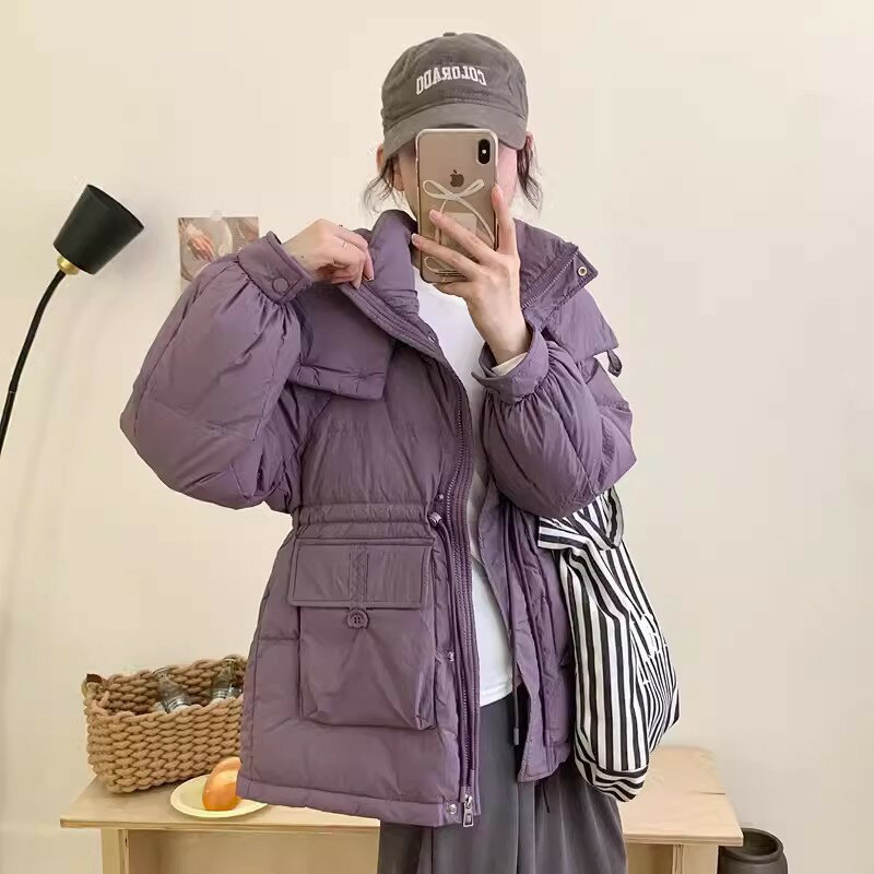 真羽絨90%鴨絨羽絨外套夾克-休閒半圓扣短款收腰顯瘦工裝女夾克6色74jx21【米蘭精品】【獨家進口】