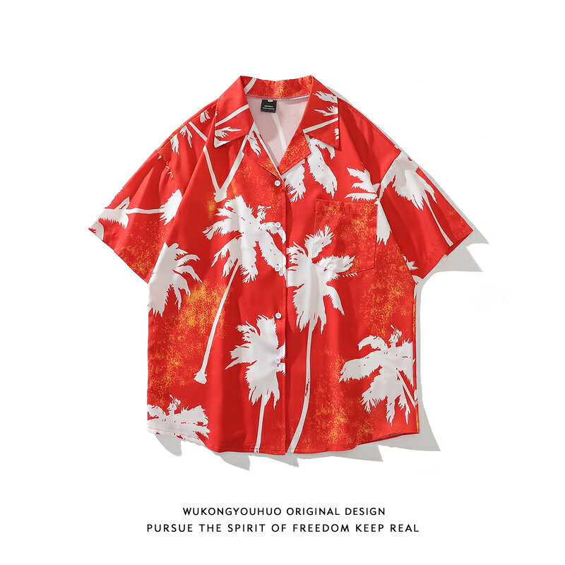 悟空有貨復古夏威夷風滿印紅色短袖襯衫男潮牌寬松bf休閑襯衣外套