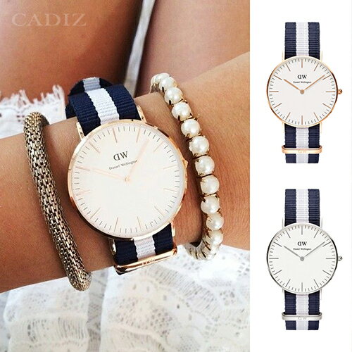 【Cadiz】瑞典正品 Daniel Wellington 手錶 0503DW玫瑰金 0602DW銀色 CLASSIC GLASGOW 藍白尼龍錶帶 蛋殼白錶盤 36mm 對錶 情侶錶 男女錶 兩年保固