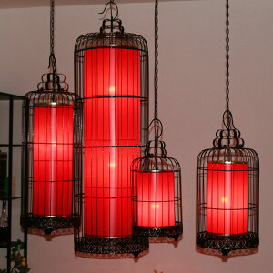 新中式簡約鐵藝吊燈工程燈酒吧燈咖啡廳燈戶外落地紅色燈籠鳥籠燈