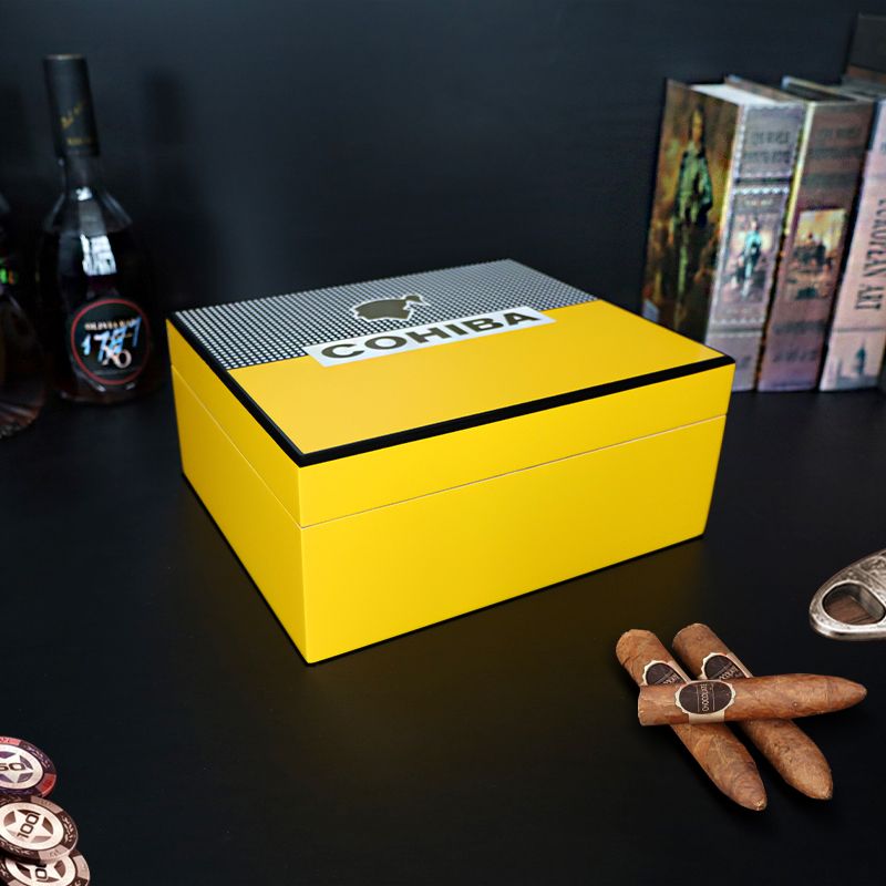 雪茄收納盒 雪茄保濕盒 高檔雪松木進口雪茄盒 橘黃色鋼琴烤漆大容量實木木盒 送禮好物