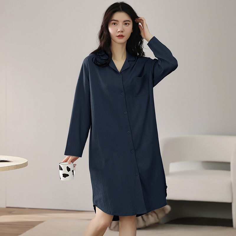 睡衣開衫睡裙女純棉長袖大碼裙中長款襯衫睡袍連衣裙秋季薄款【倪醬】