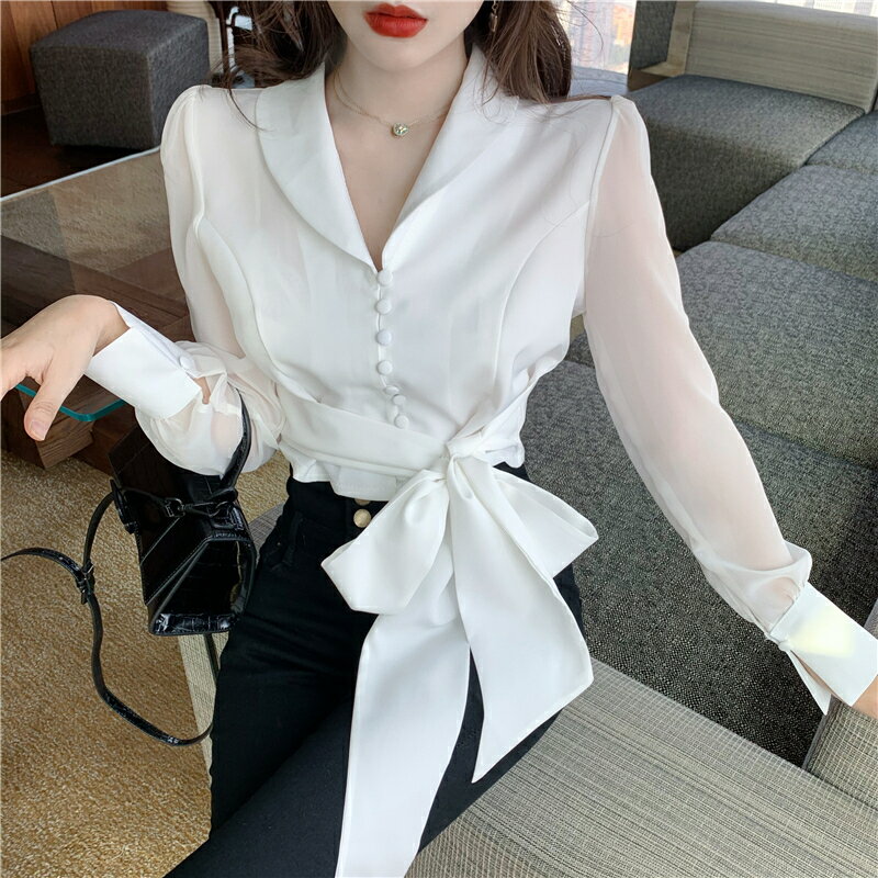 秋季新款V領長袖雪紡襯衫修身短款系帶氣質白色襯衣上衣女裝