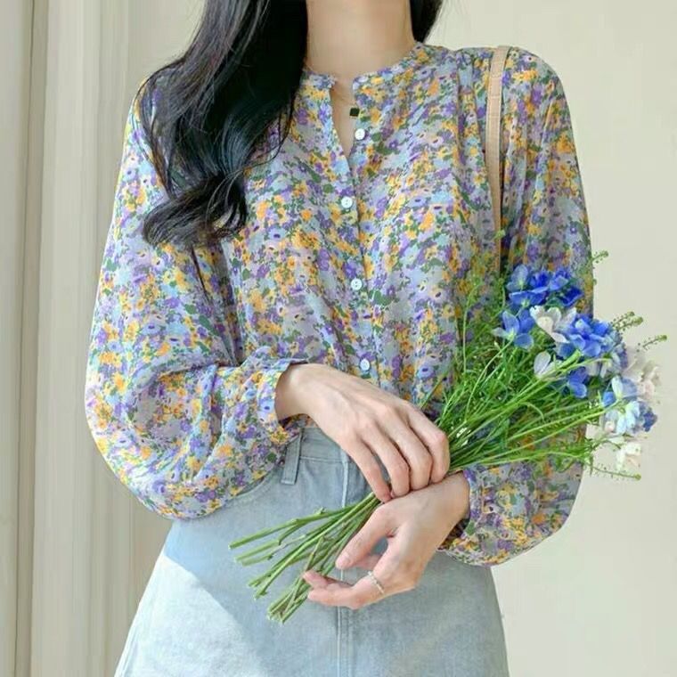 碎花雪紡上衣女洋氣襯衫長袖超仙時尚少女感氣質小衫早秋新款【倪醬】