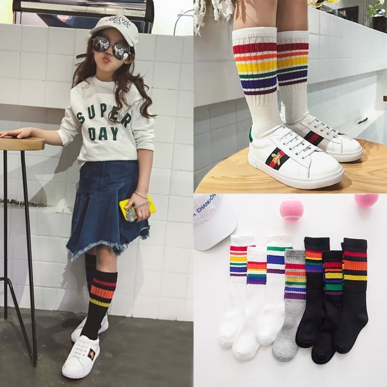 兒童襪子彩色潮ins彩虹高腰條紋個性時尚韓版小女孩街舞嘻哈寶寶
