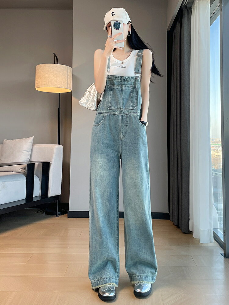 復古闊腿牛仔背帶褲女2024新款春秋減齡毛邊寬松直筒工裝拖地長褲【淘夢屋】