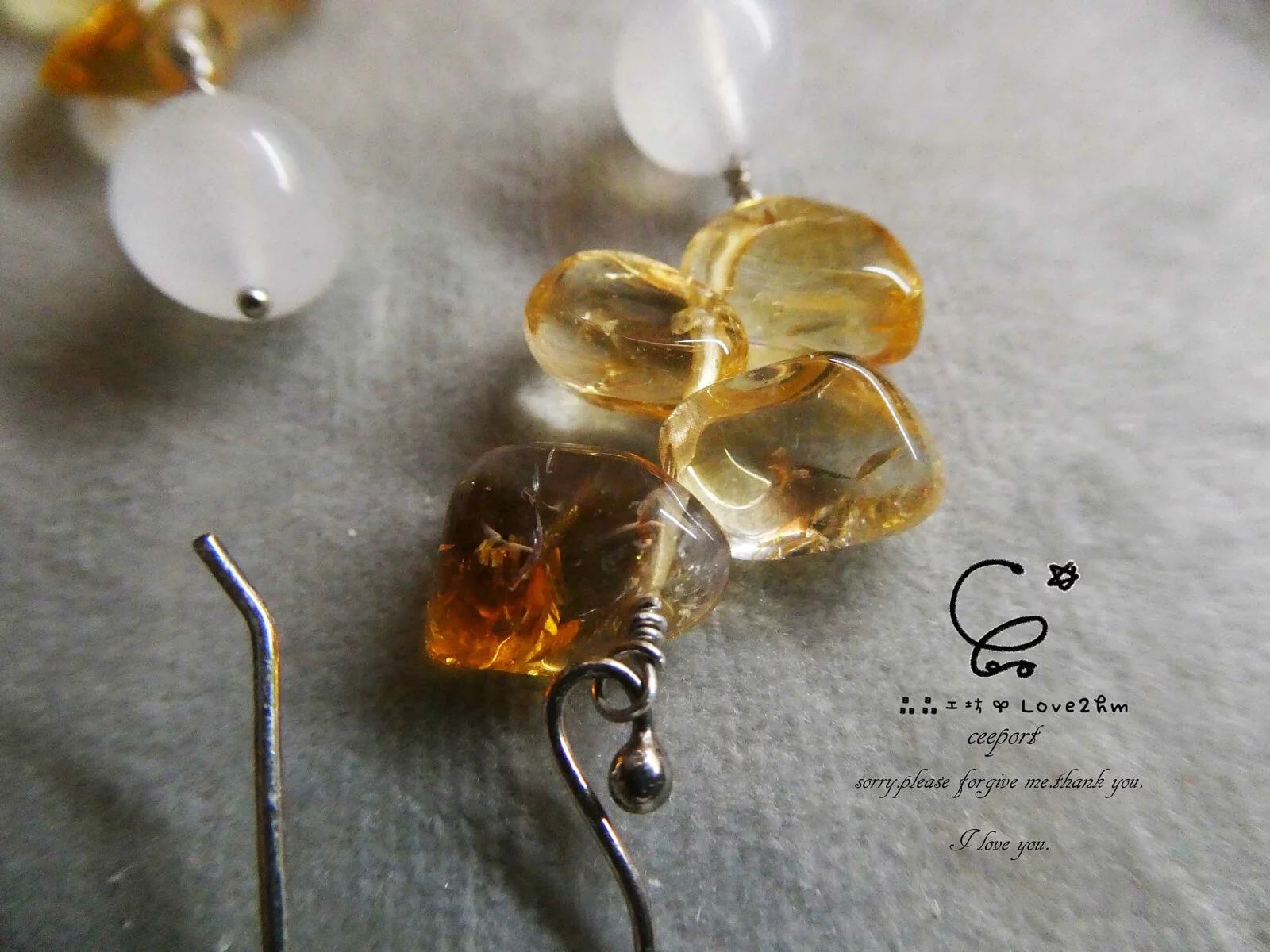 花舞黃水晶月光石925純銀耳墜 黃水晶 月光石 水晶耳環 925純銀 晶晶工坊-love2hm