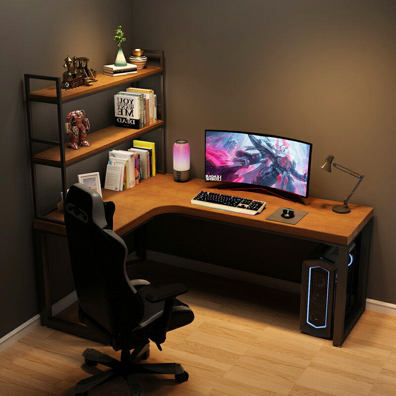 實木轉角書桌書架一體桌 L型臺式家用拐角電腦桌臥室學習書櫃桌子