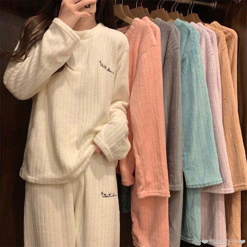 珊瑚絨加厚加絨冬季睡衣女可外穿2022新款寬松慵懶風家居服兩件套 法蘭絨 秋冬睡衣 居家睡衣 休閒睡衣