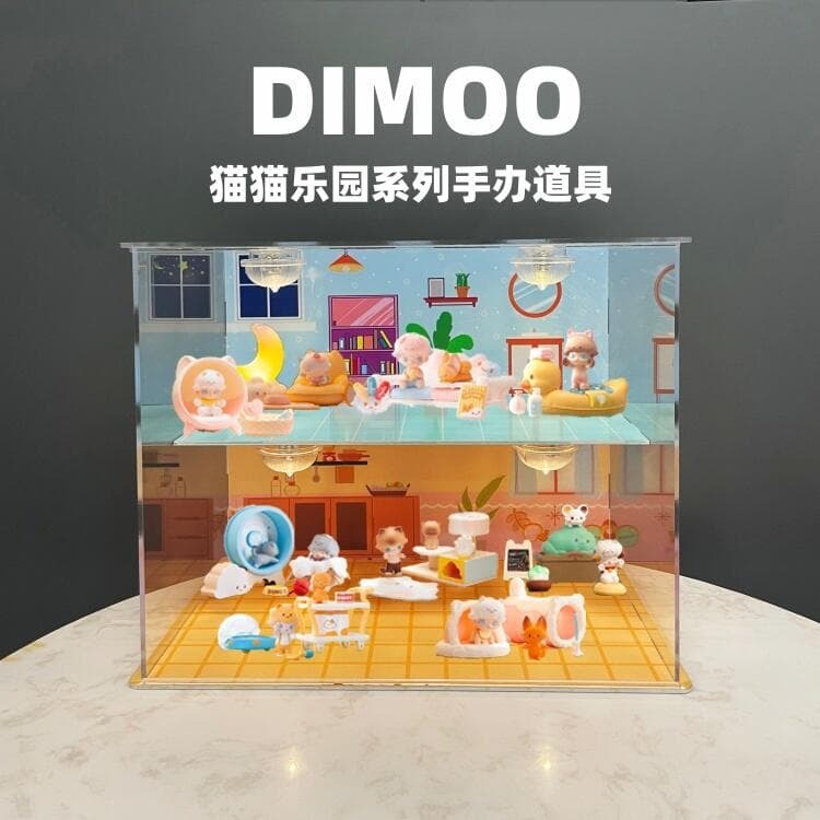 T泡泡瑪特 DIMOO貓貓樂園系列手辦道具盲盒主題場景展示盒