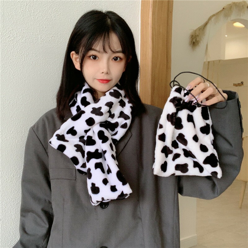 毛絨韓版ins可愛奶牛圍巾女秋冬季學生百搭加厚保暖圍脖少女毛領
