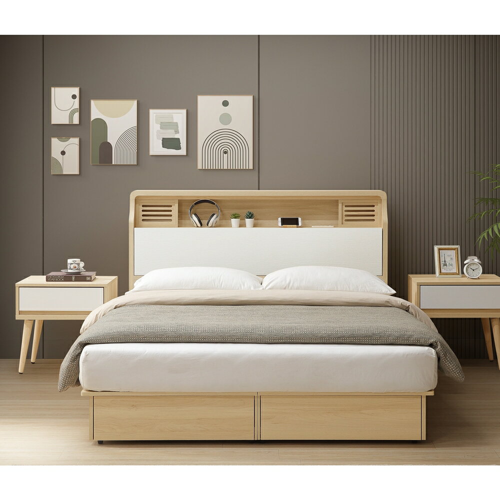 【直人木業】綠建材彩妝板溫馨系列收納大四抽附USB插座床組-雙人加大6尺｜休閒空間｜APP結帳再賺4%點數 1