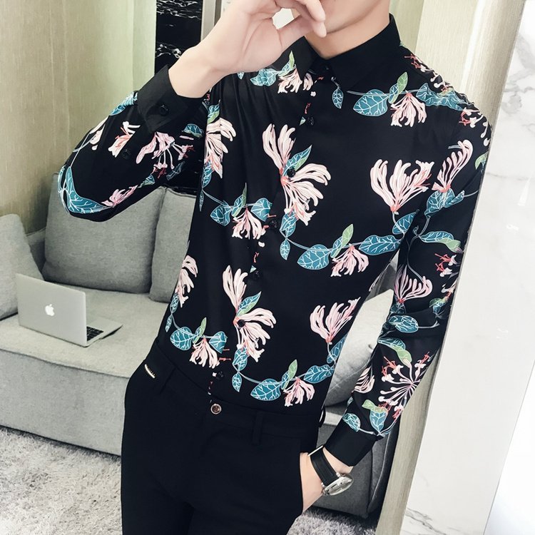 FINDSENSE G6 韓國時尚 春季新款男士長袖襯衫 個性彩色印花潮襯衫