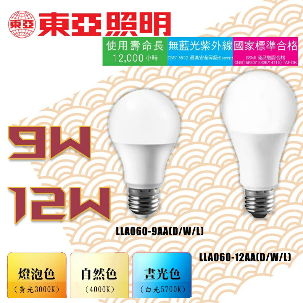 👀【東亞】★LED E27 9W / 12W 球泡 燈泡 全電壓 白光/自然光/黃光★〖永光燈飾〗LLA60