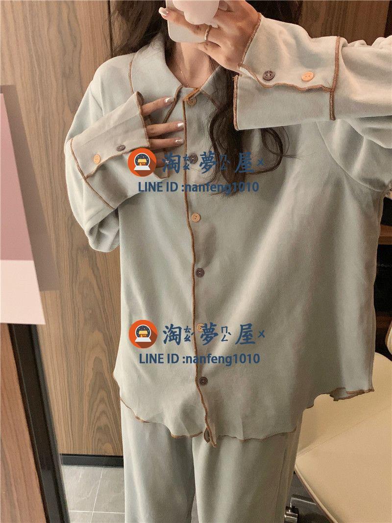 睡衣女簡約風秋冬季新款純色高顏值可外穿長袖加絨家居服套裝簡約風【淘夢屋】