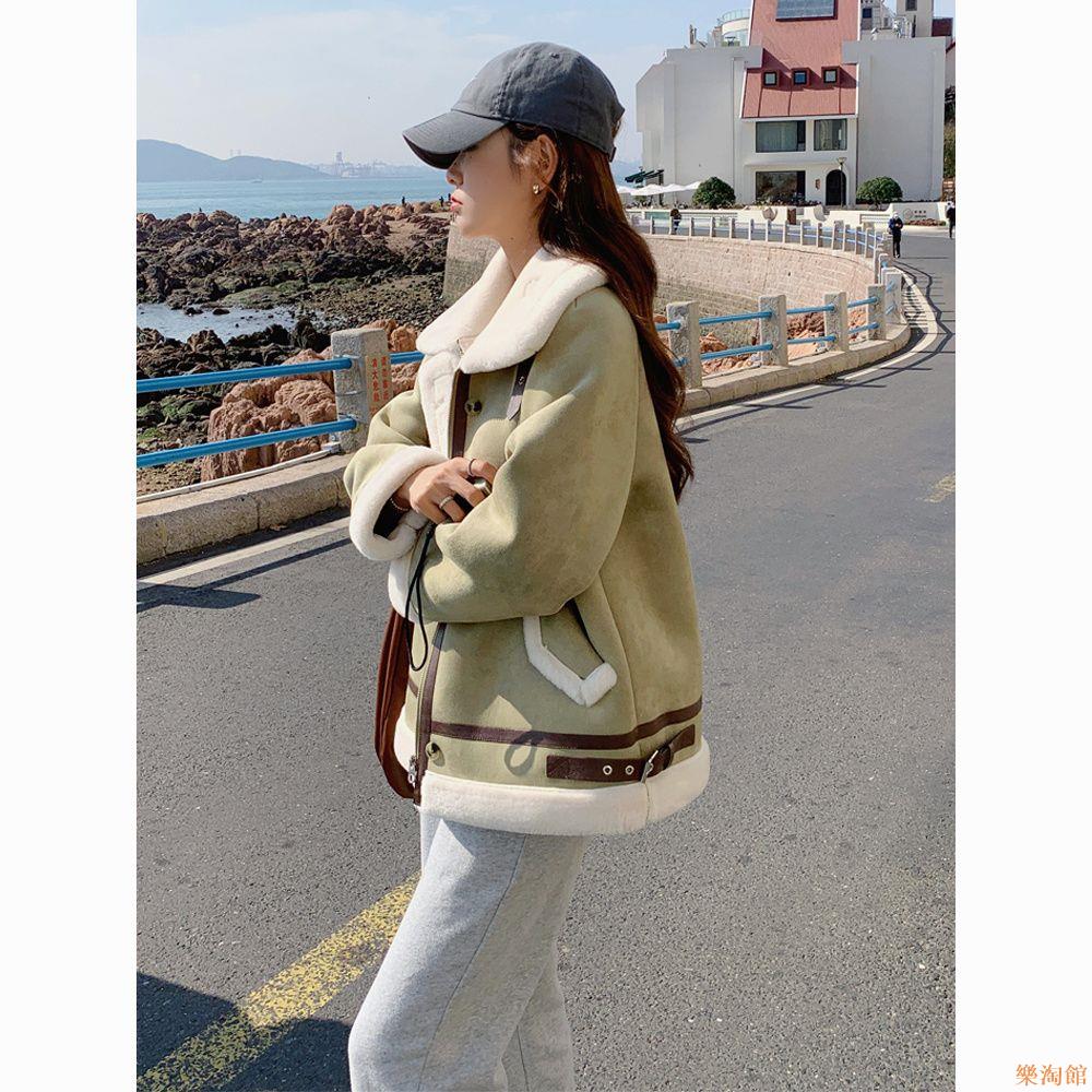 加絨加厚皮毛一體外套女2023冬季寬松韓版小個子麂皮絨機車服上衣